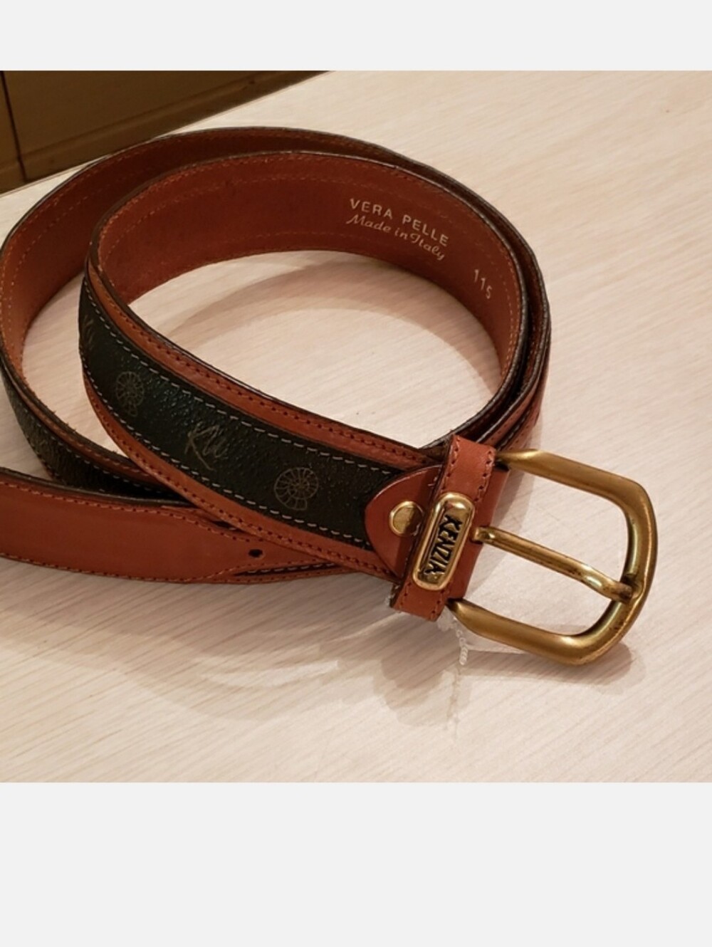 Vera Pelle Tan & Dark Brown Leather Women's Belt with Brass Buckle